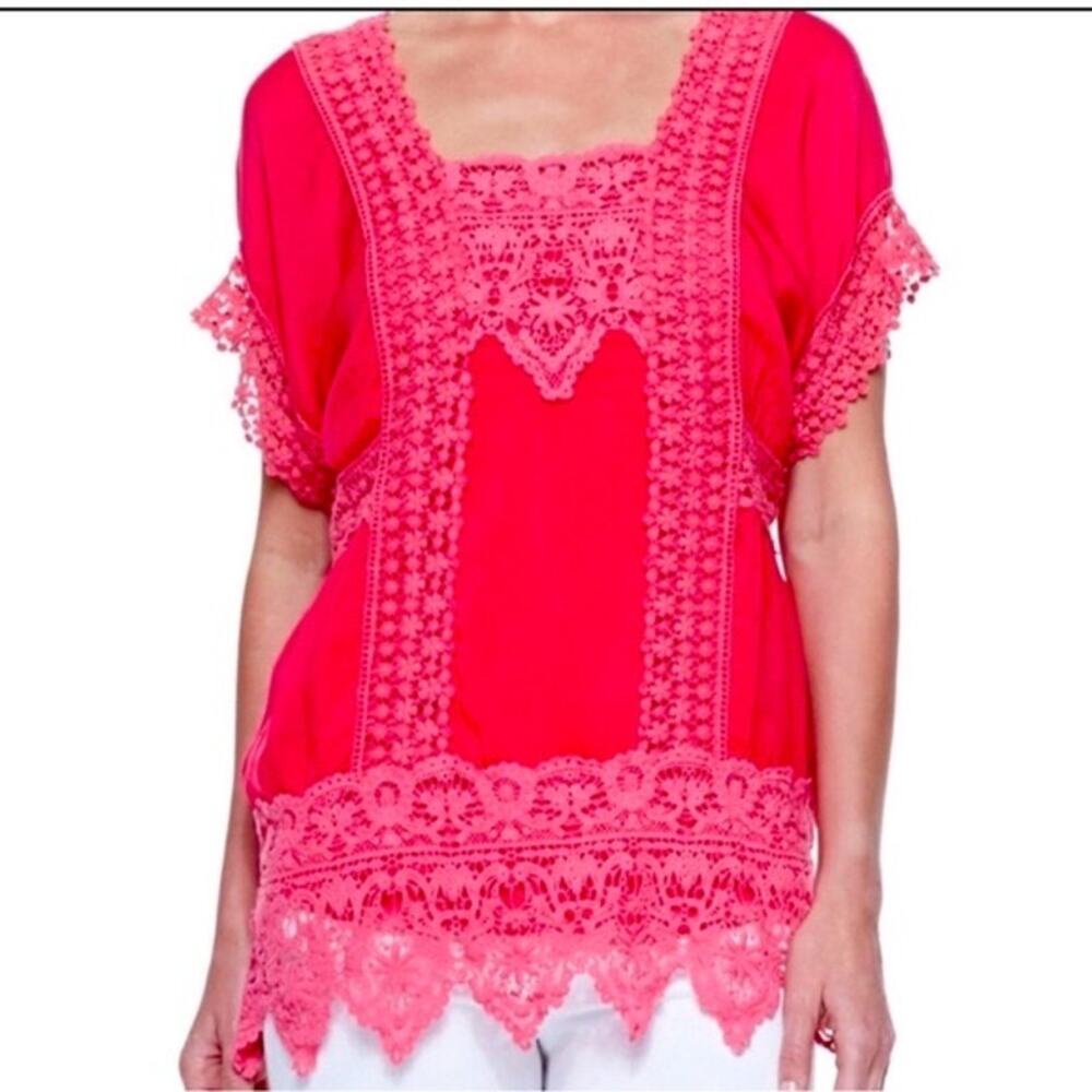 Johnny Was Pink Cupra Rayon Crochet Lace Top Square Neck Dolman Sleeve Large NWT